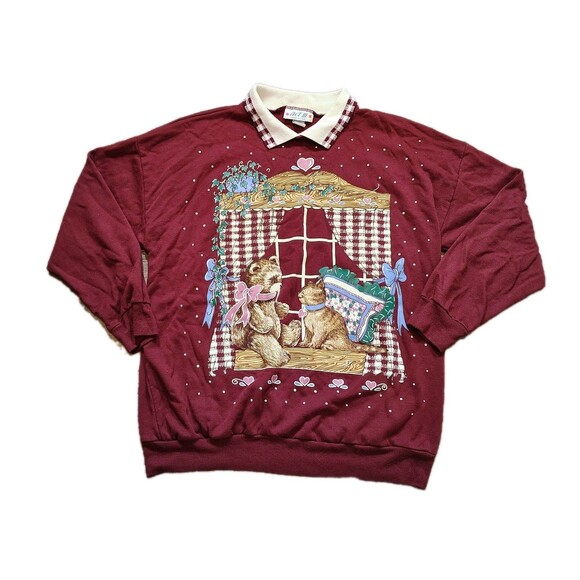 Act III Tops - Vtg 90s Bear Sweatshirt Women’s L Maroon Cottagecore Window Scene Cute Kitsch